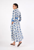 Multicolor butterfly print dress with button-front, close-up view by Beyond by Vera