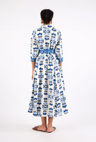 Cotton poplin midi shirt dress with Pyrenees-inspired butterfly pattern, rear angle by Beyond by Vera