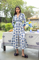 Emily shirt dress with geometric butterfly and flower print, full-length view by Beyond by Vera