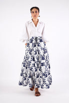 Multicolor floral maxi skirt with tiered A-line silhouette by Beyond by Vera, front view