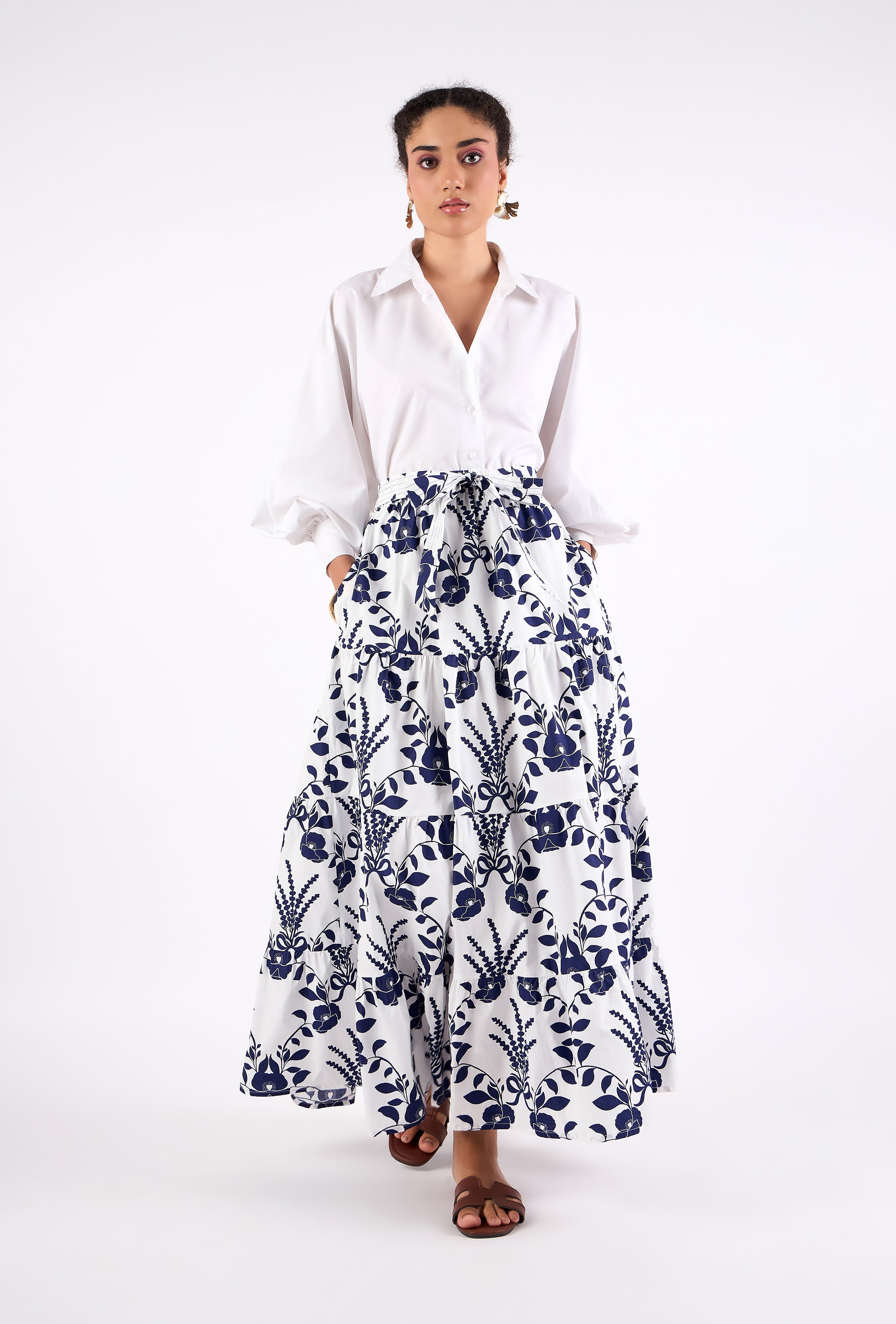 Multicolor floral maxi skirt with tiered A-line silhouette by Beyond by Vera, front view