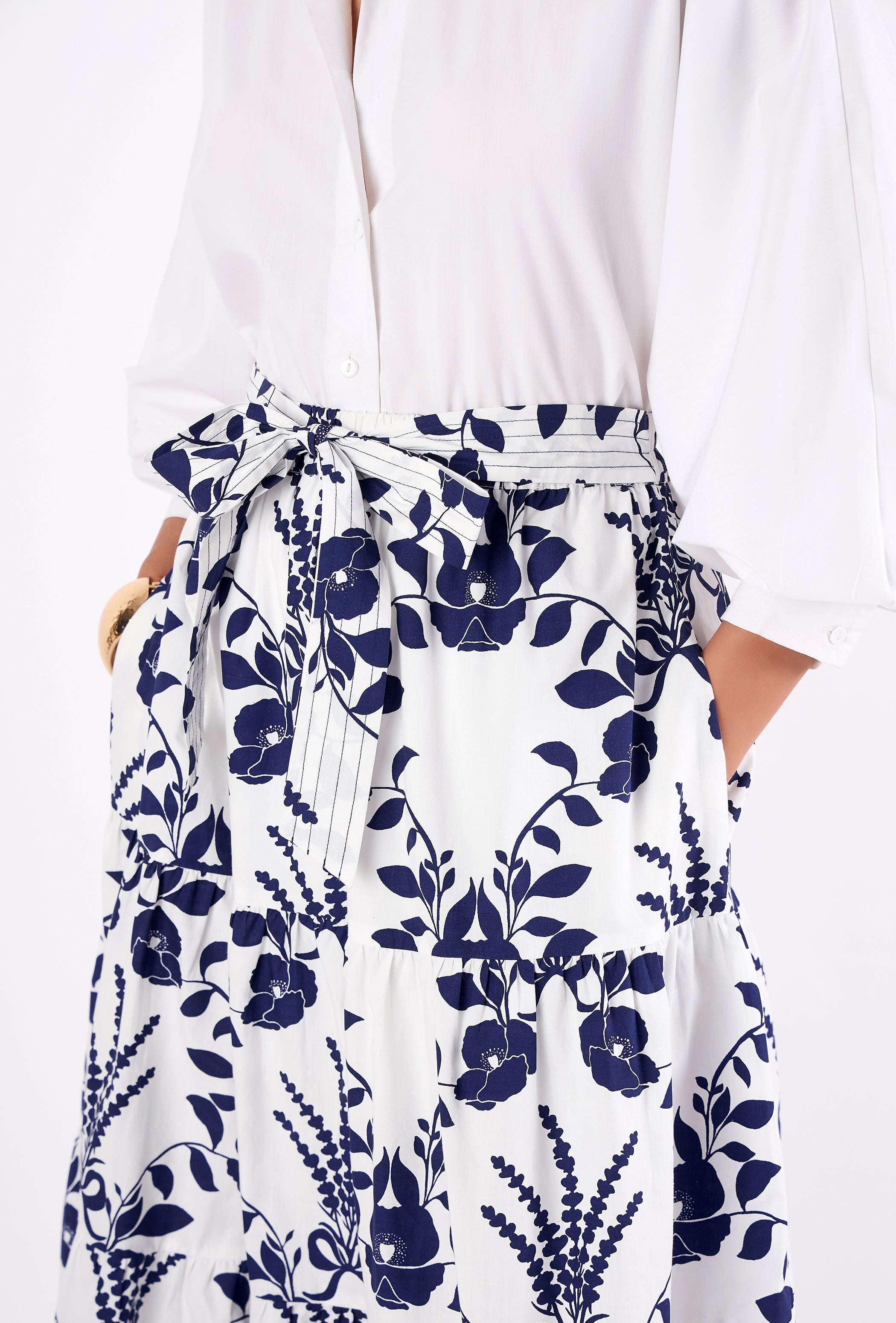 Floral tiered maxi skirt by Beyond by Vera, side view showing A-line silhouette