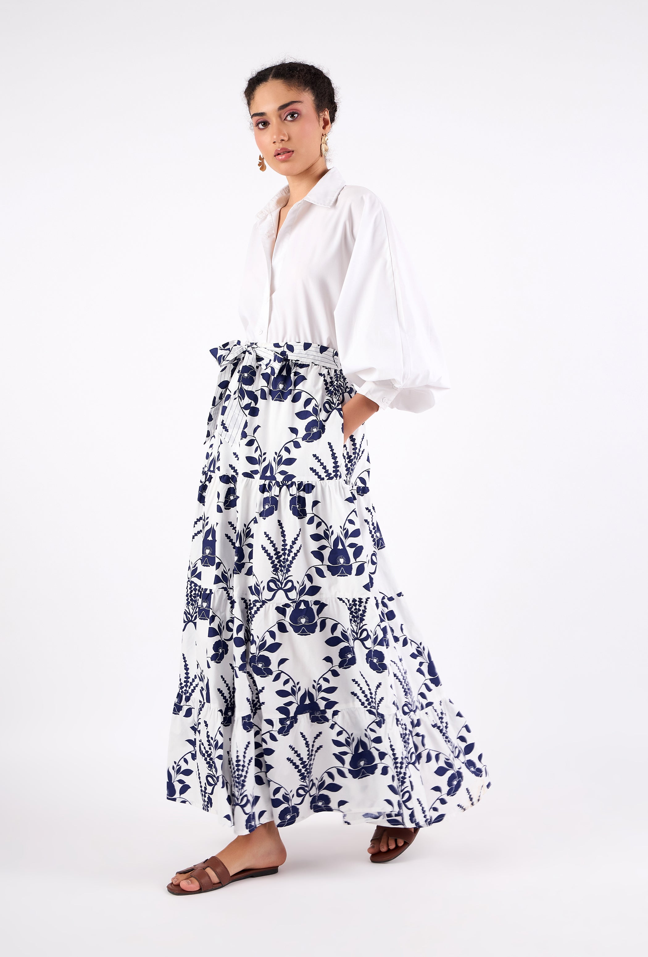 Beyond by Vera Gia maxi skirt back view with self-tie belt at elastic waist