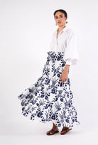 Beyond by Vera tiered A-line skirt detail showing maxi length and floral pattern