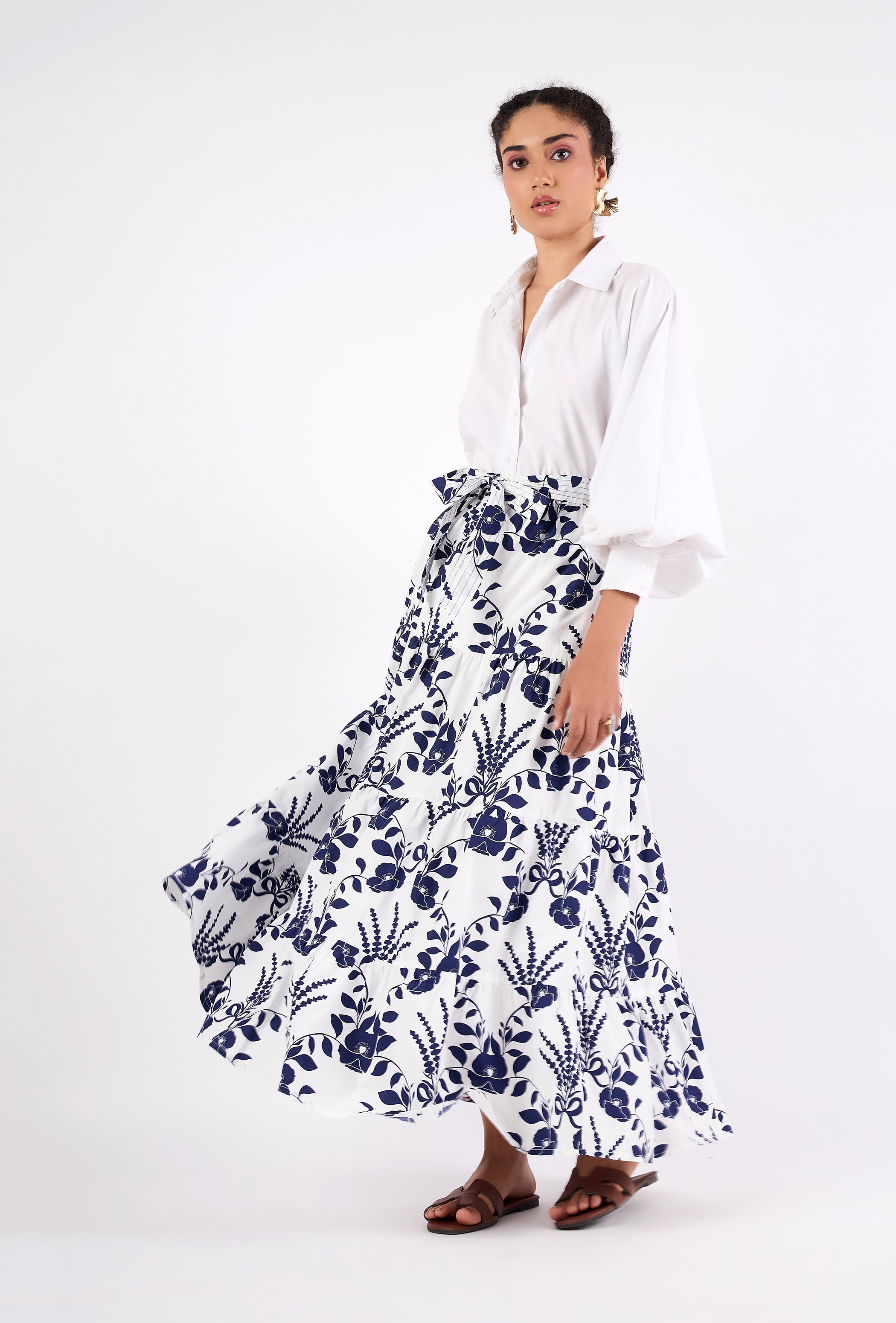 Beyond by Vera tiered A-line skirt detail showing maxi length and floral pattern