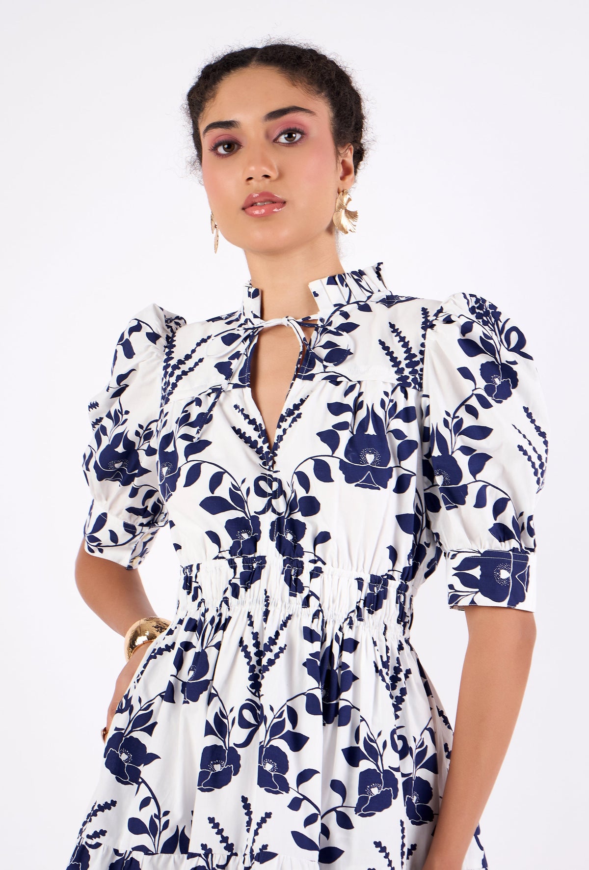 Cotton poplin mini dress with pleated bodice by Beyond by Vera, back view