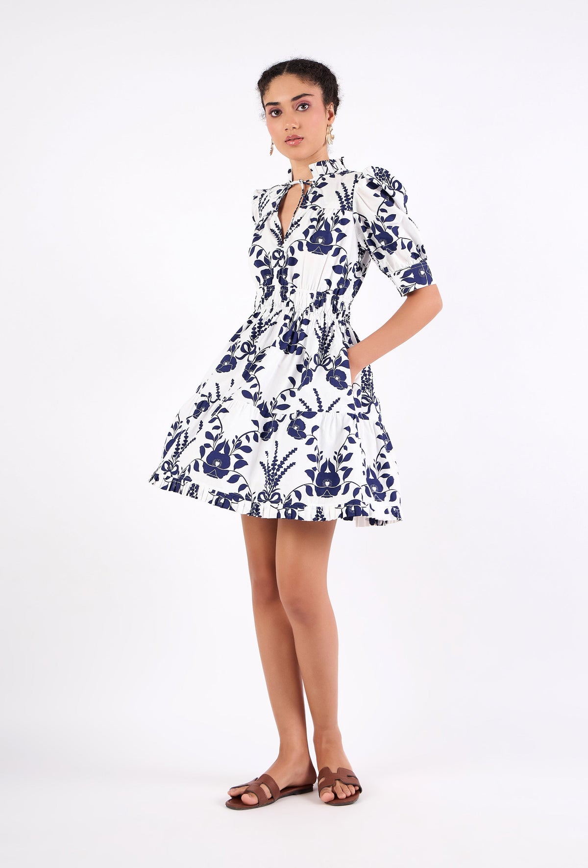 Floral mini dress with smocking details by Beyond by Vera, detail view