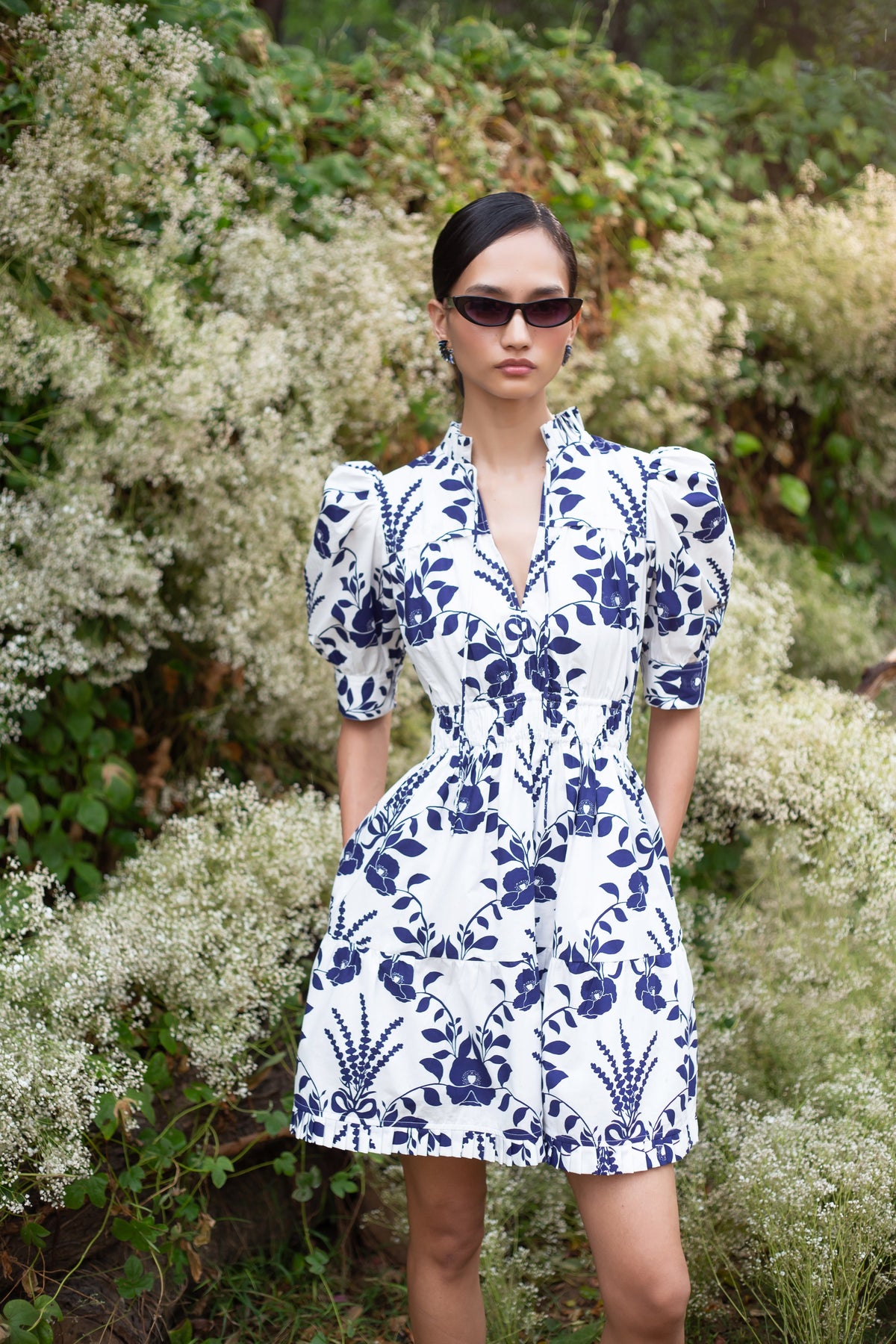 Beyond by Vera Alice dress with poppy and lavender print, side angle