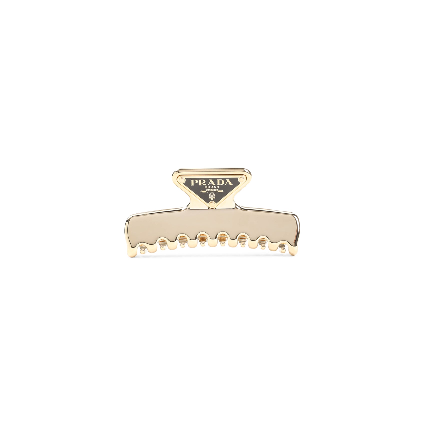 Gold Prada metal hair clip with triangle logo, side angle