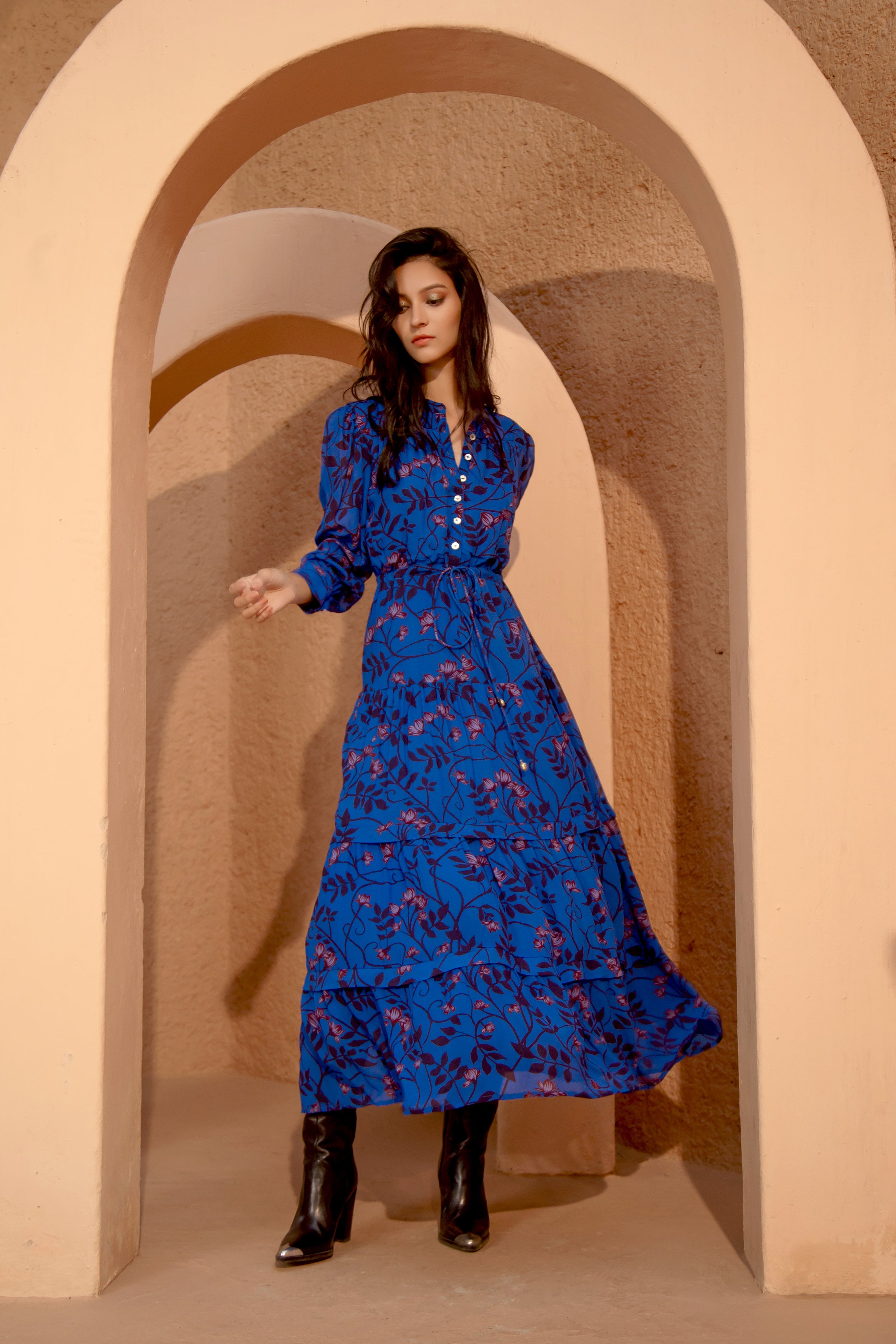 Jardin Majorelle print maxi dress with tiered skirt, full length by Beyond by Vera