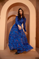 Long sleeve maxi dress with V-neck, close-up of bodice by Beyond by Vera