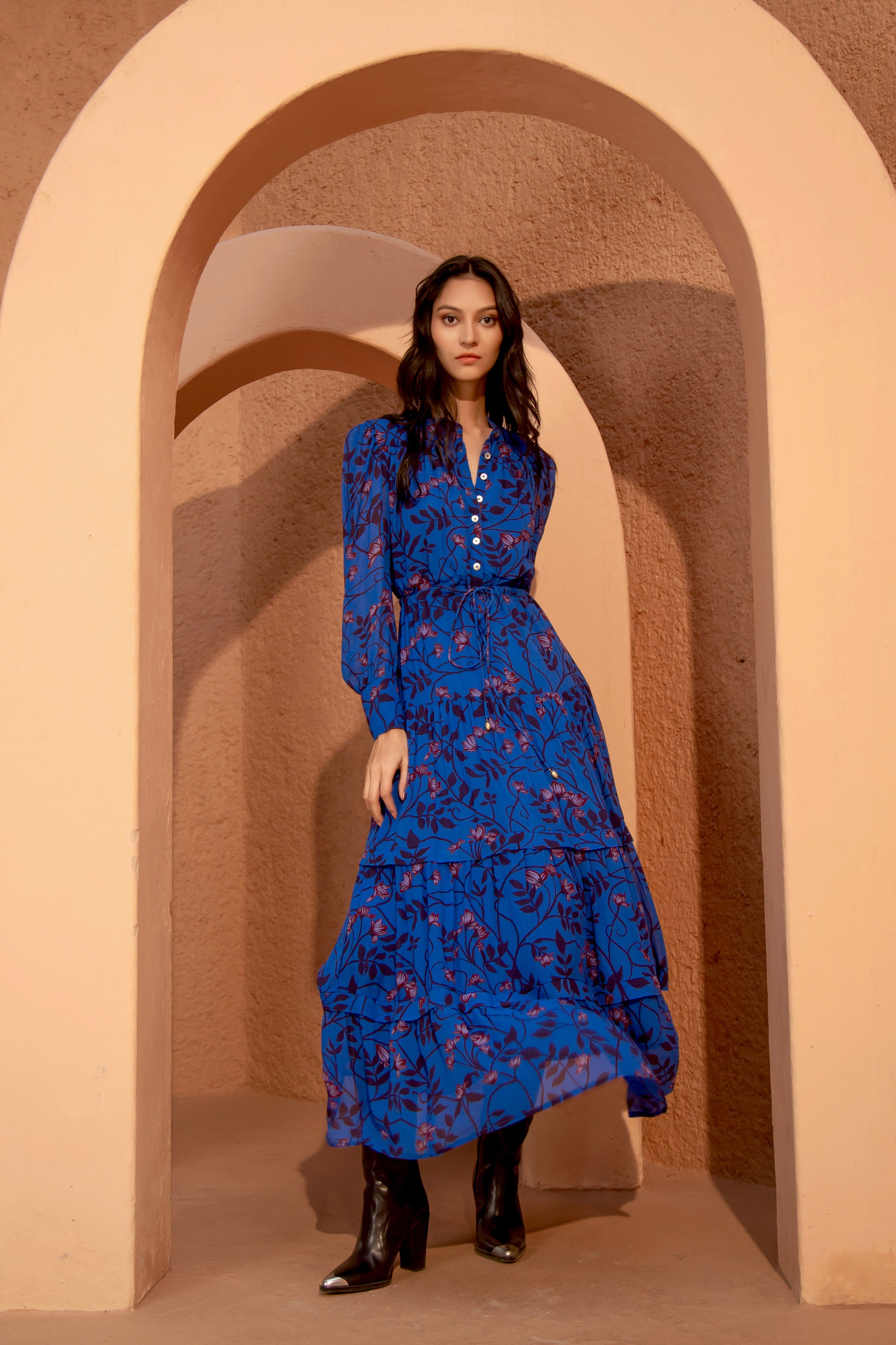 Floral print maxi dress with brass-embellished neckline, detail view by Beyond by Vera