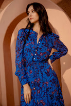 Jardin Majorelle maxi dress with tiered silhouette, detail of print by Beyond by Vera