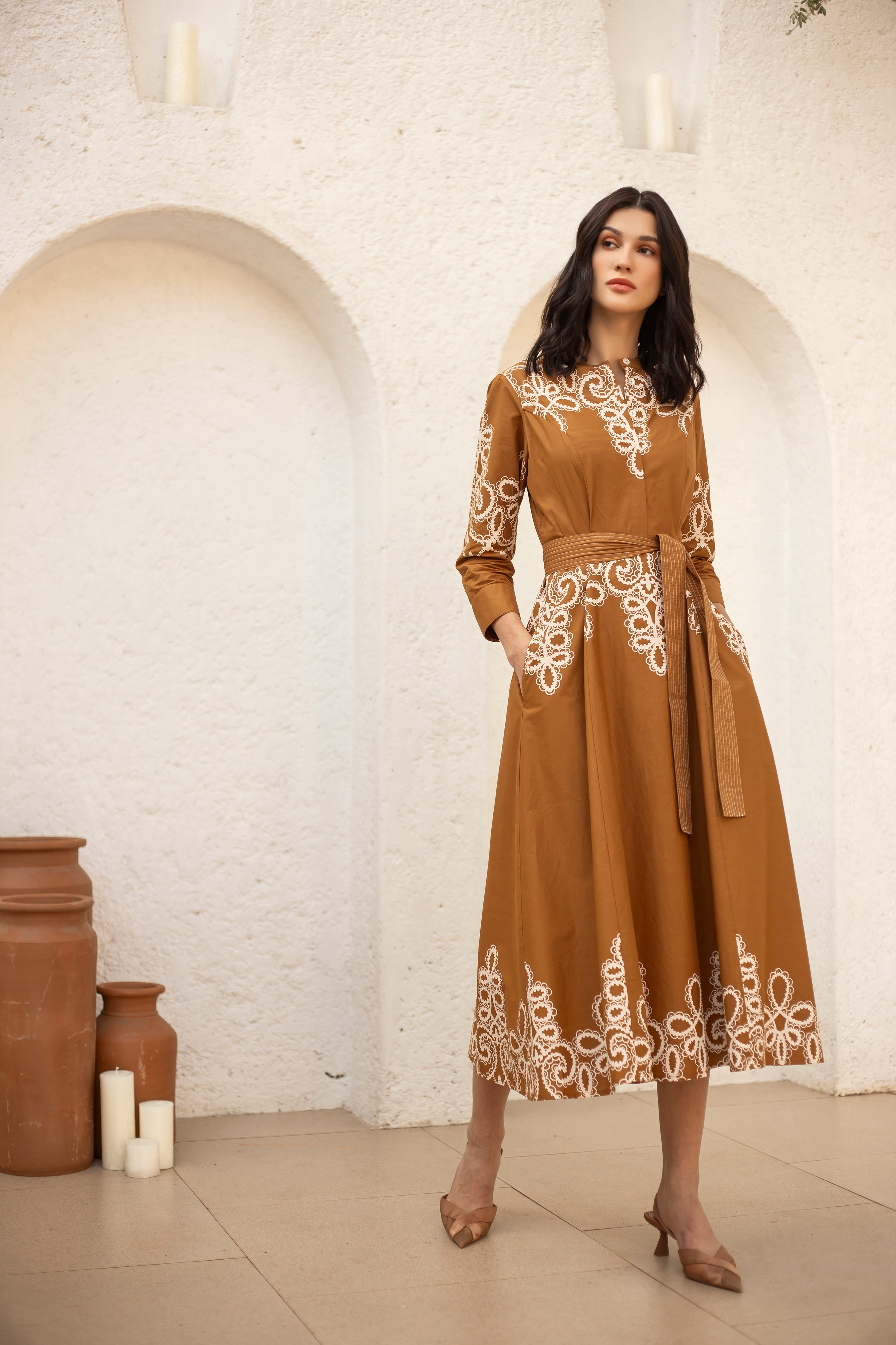Beyond by Vera Harper dress showing concealed button placket and crew neckline