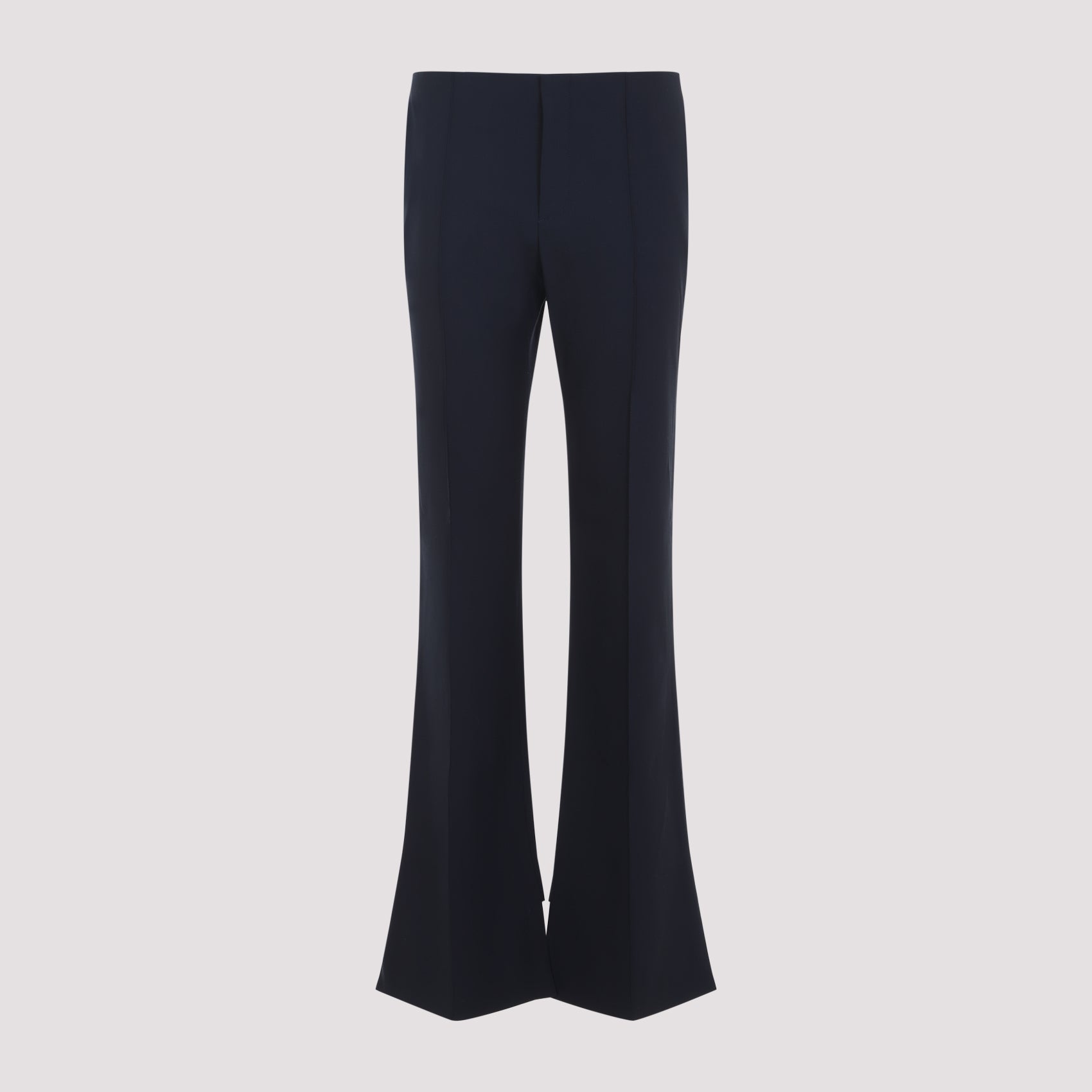 Black virgin wool flare pants with asymmetric hem by Chloé, front view