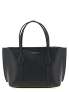 Black leather Perry mini handbag with gold logo by Tory Burch, front view