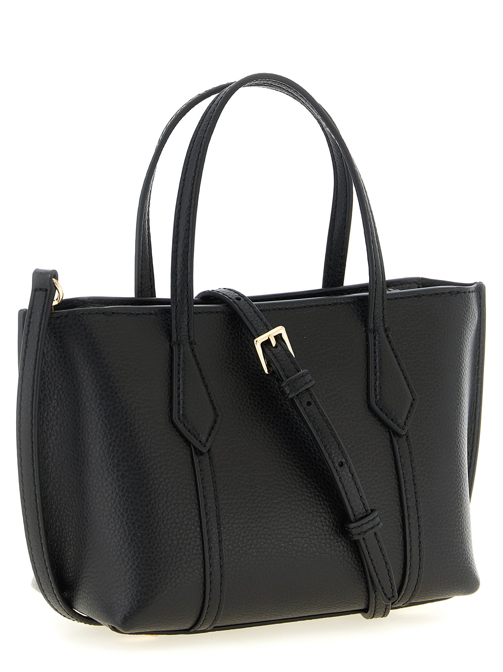 Black Tory Burch Perry mini handbag with dual handles, side view