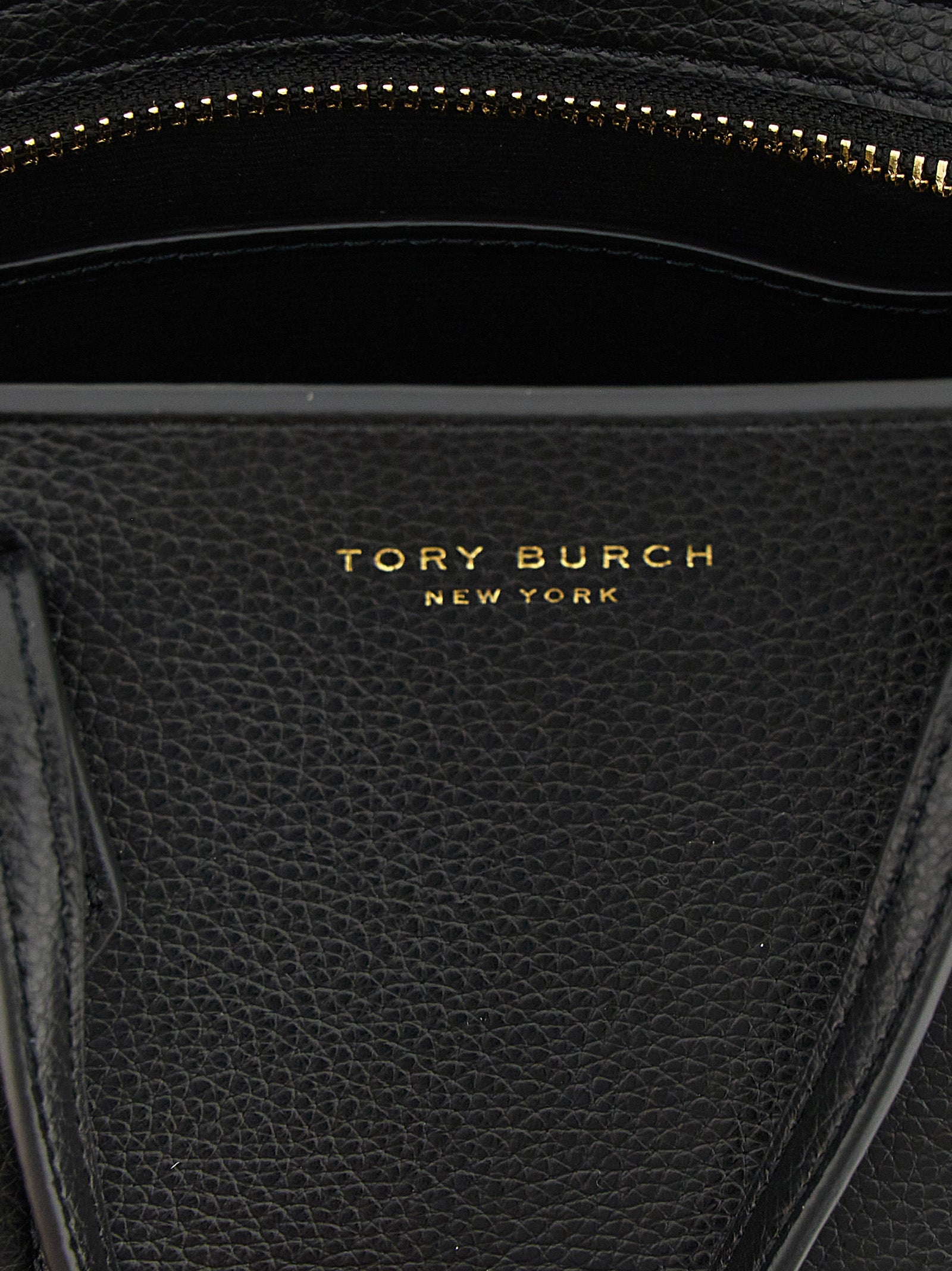Tory Burch Perry mini handbag in black leather, back view with hardware detail