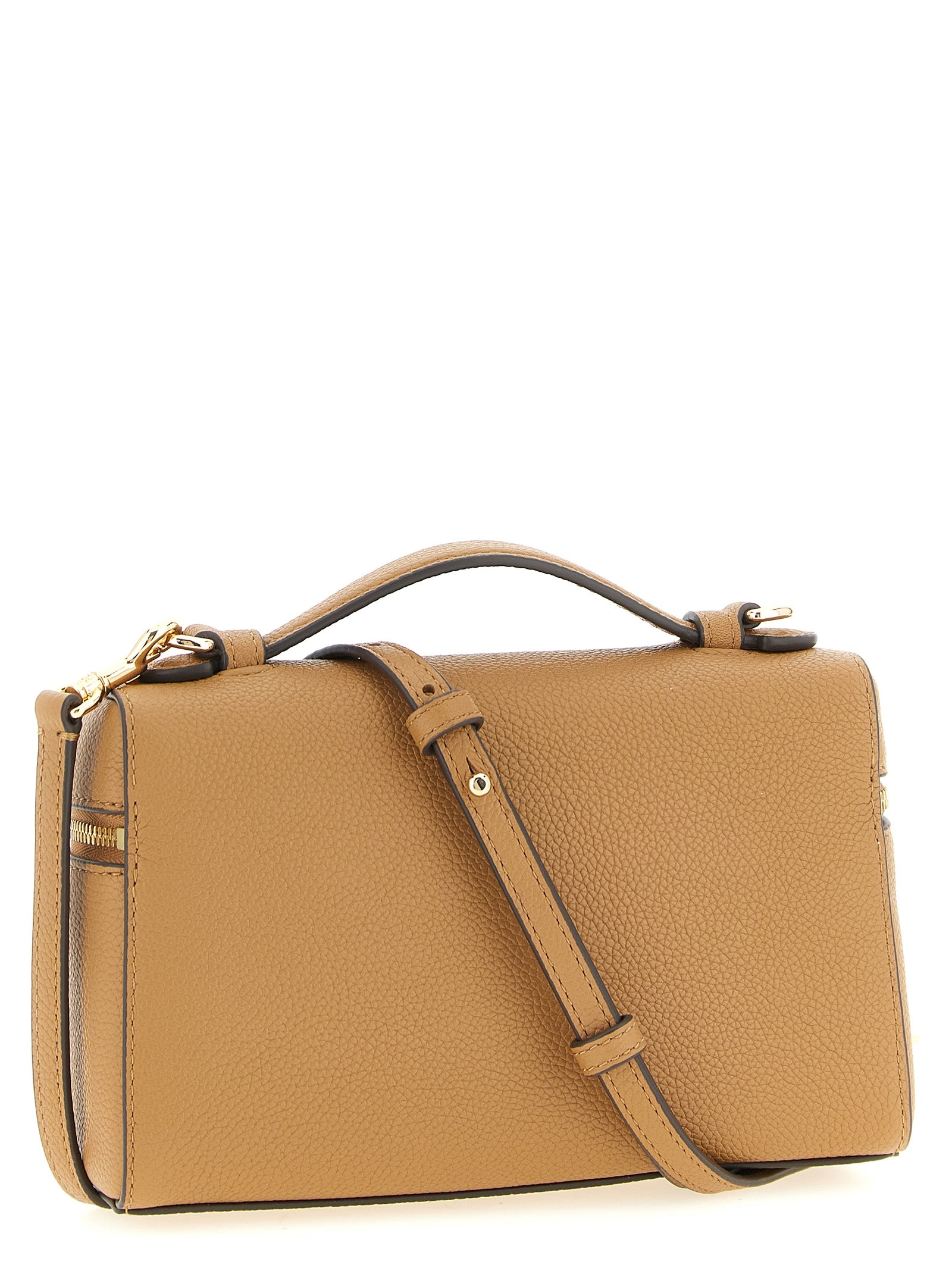 Brown hammered leather crossbody bag by Tory Burch, side view
