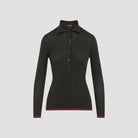Forest green Gucci cashmere polo, side view showing ribbed texture