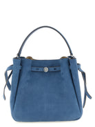 Blue nubuck leather Romy bucket bag by Tory Burch, front view