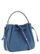 Blue Tory Burch Romy bucket bag with engraved logo belt detail, side view