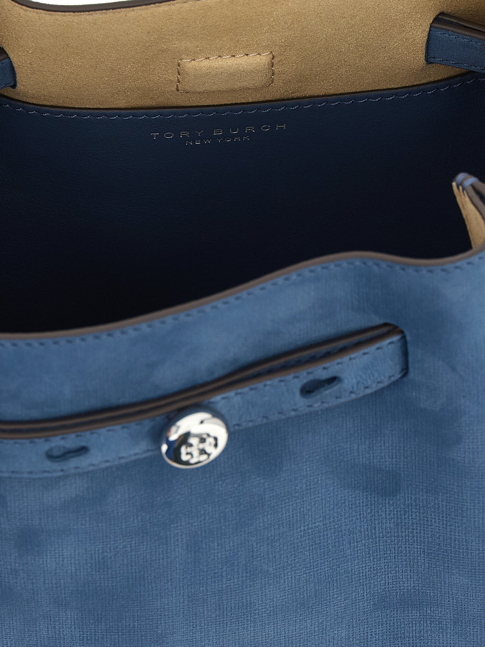 Tory Burch Romy bucket bag in blue nubuck with suede lining, interior detail