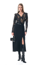 Gold metallic snake print wrap top by Lord & Taylor Heritage, styled with black midi skirt