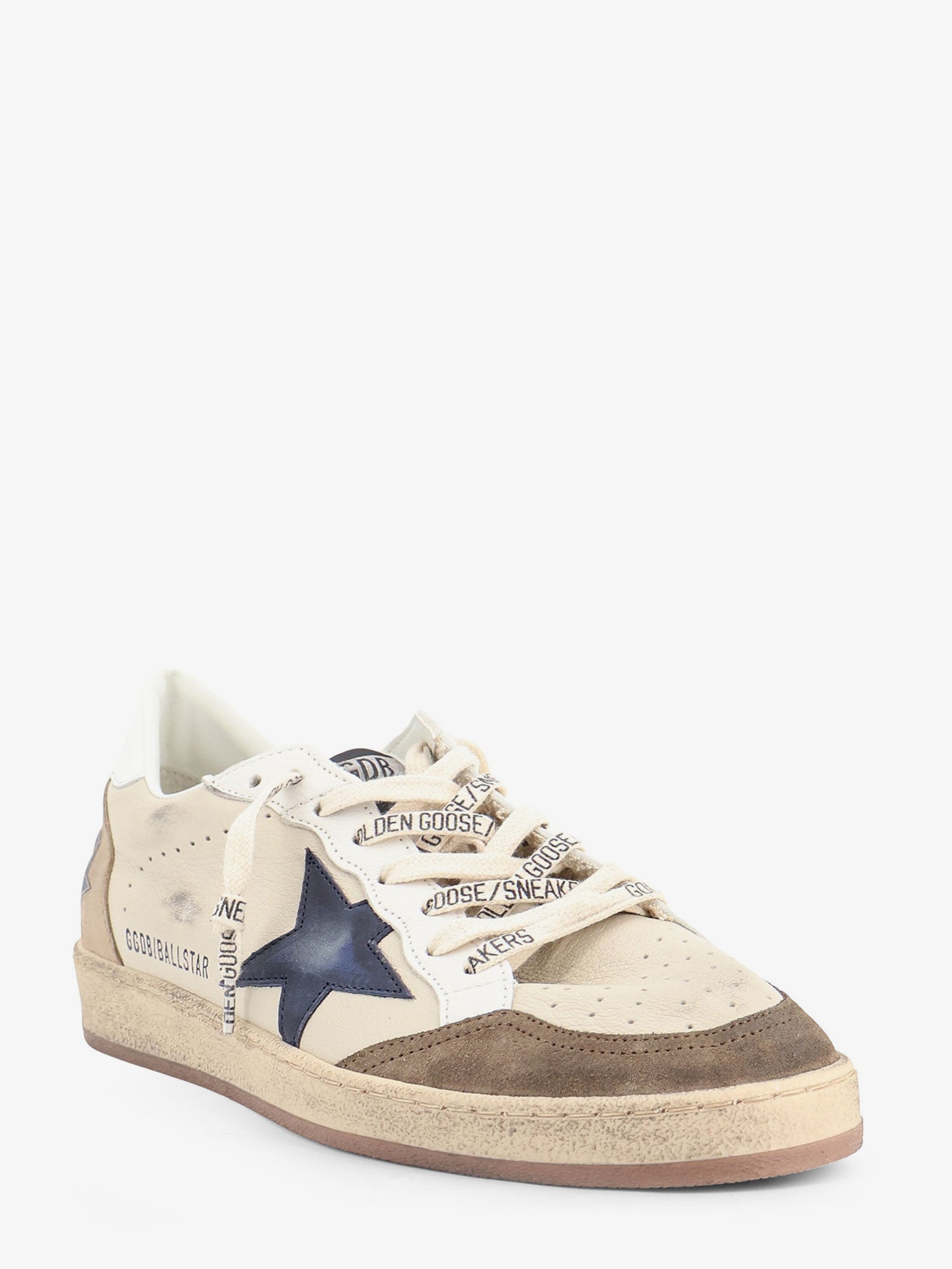 Beige leather Ballstar sneakers by Golden Goose, front angle