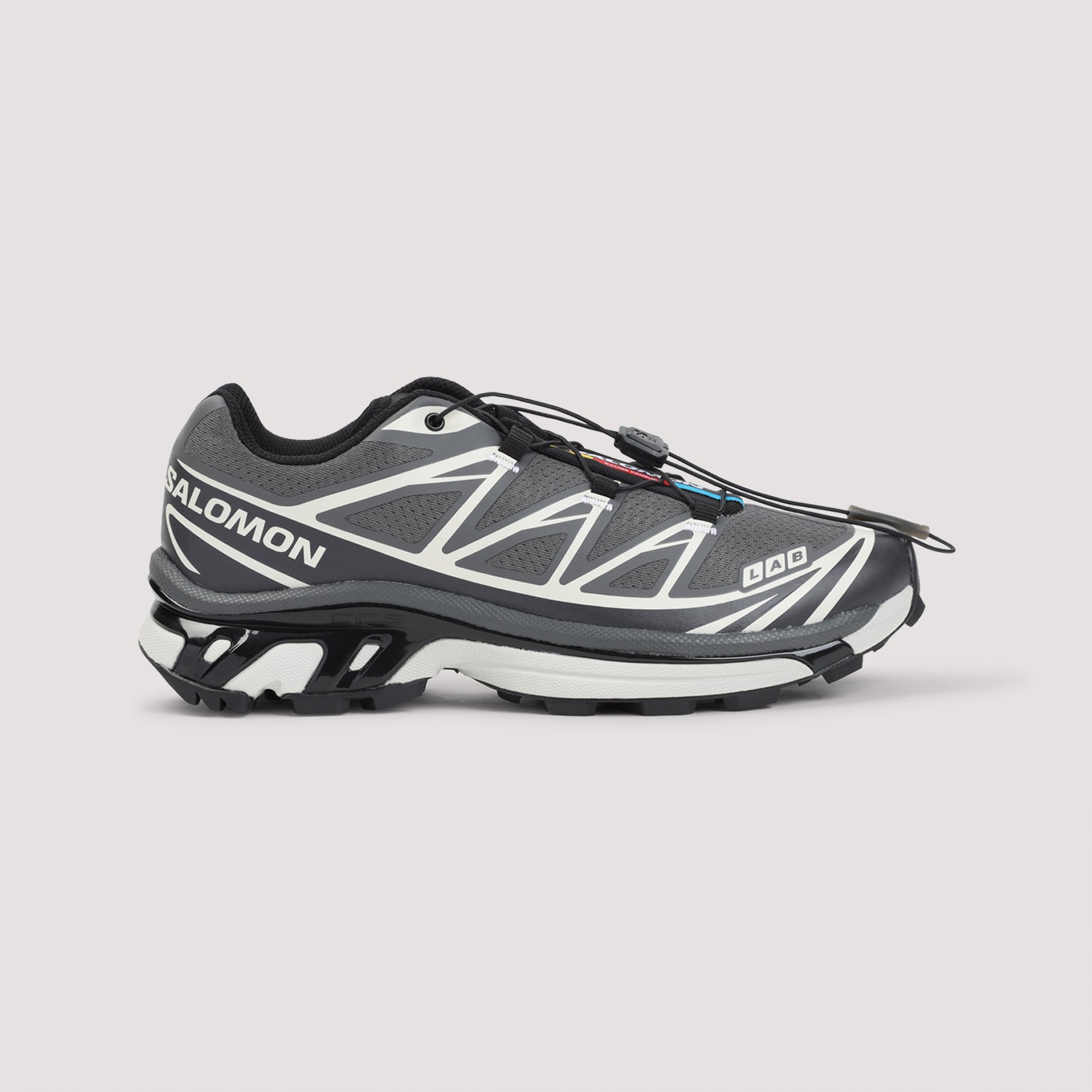 Salomon XT-6 grey mesh sneakers with logo detailing, rear view
