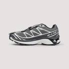Grey Salomon XT-6 sneakers showing drawstring fastening system, top view