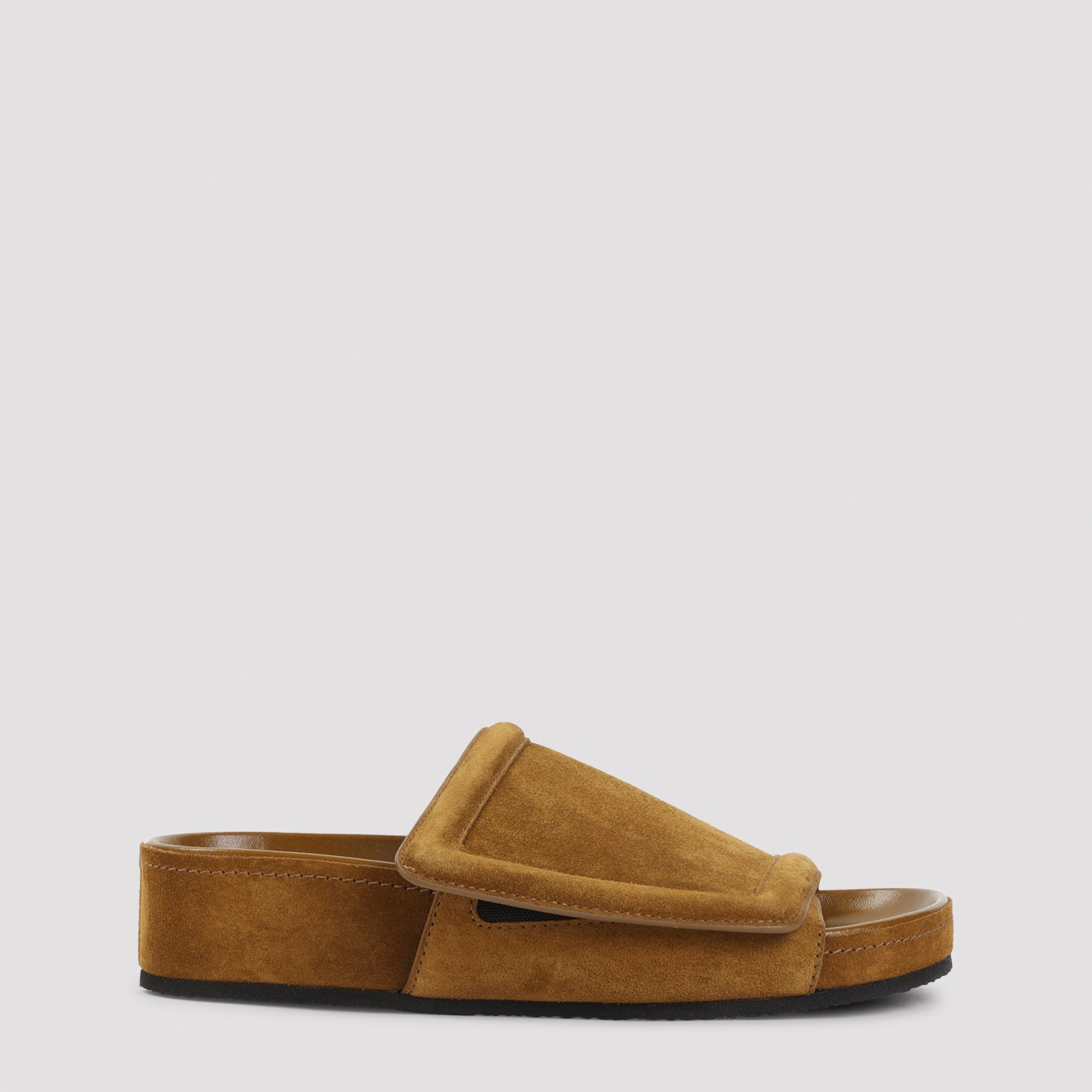Brown suede platform slide sandals by PHOEBE PHILO, side view