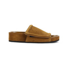 Brown PHOEBE PHILO slide sandals with wide strap, front angle