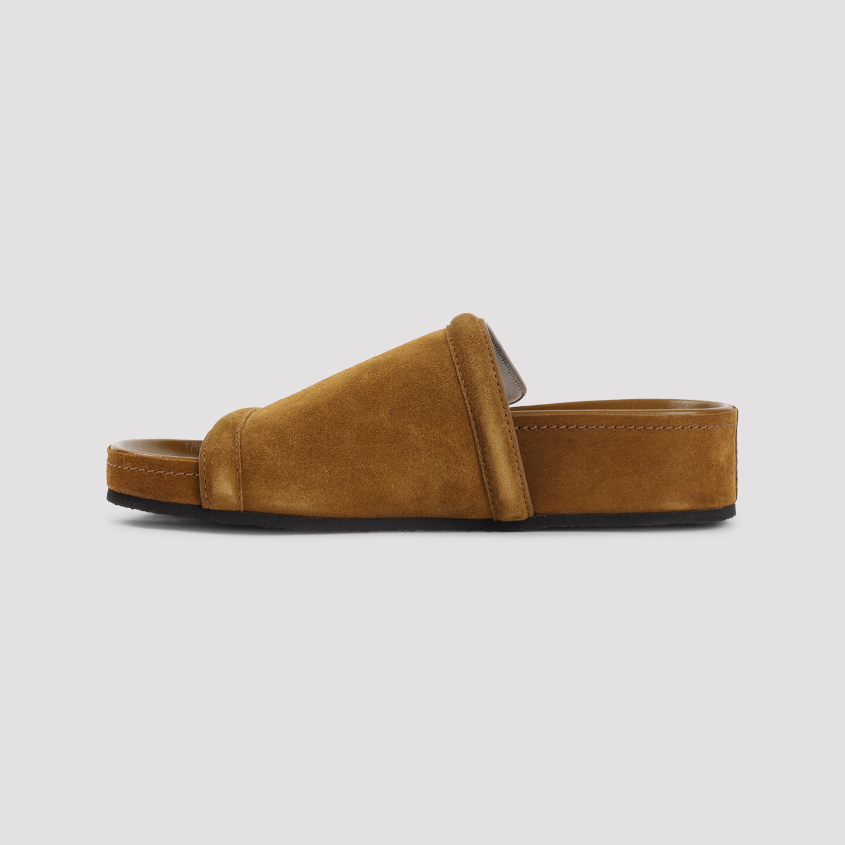 Brown suede slide sandals by PHOEBE PHILO, rear view showing platform sole