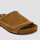 Brown PHOEBE PHILO suede slides with chunky platform, detail view of strap