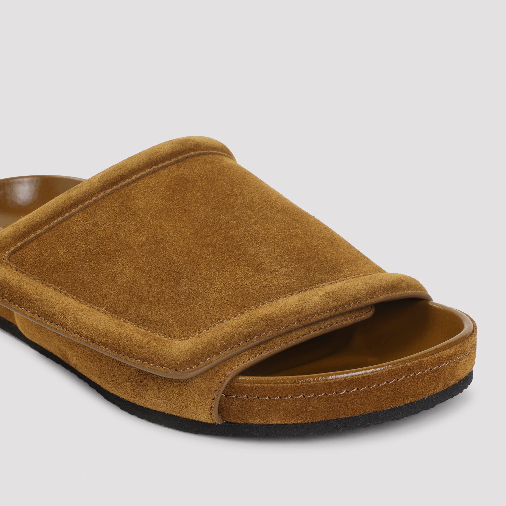 Brown PHOEBE PHILO suede slides with chunky platform, detail view of strap