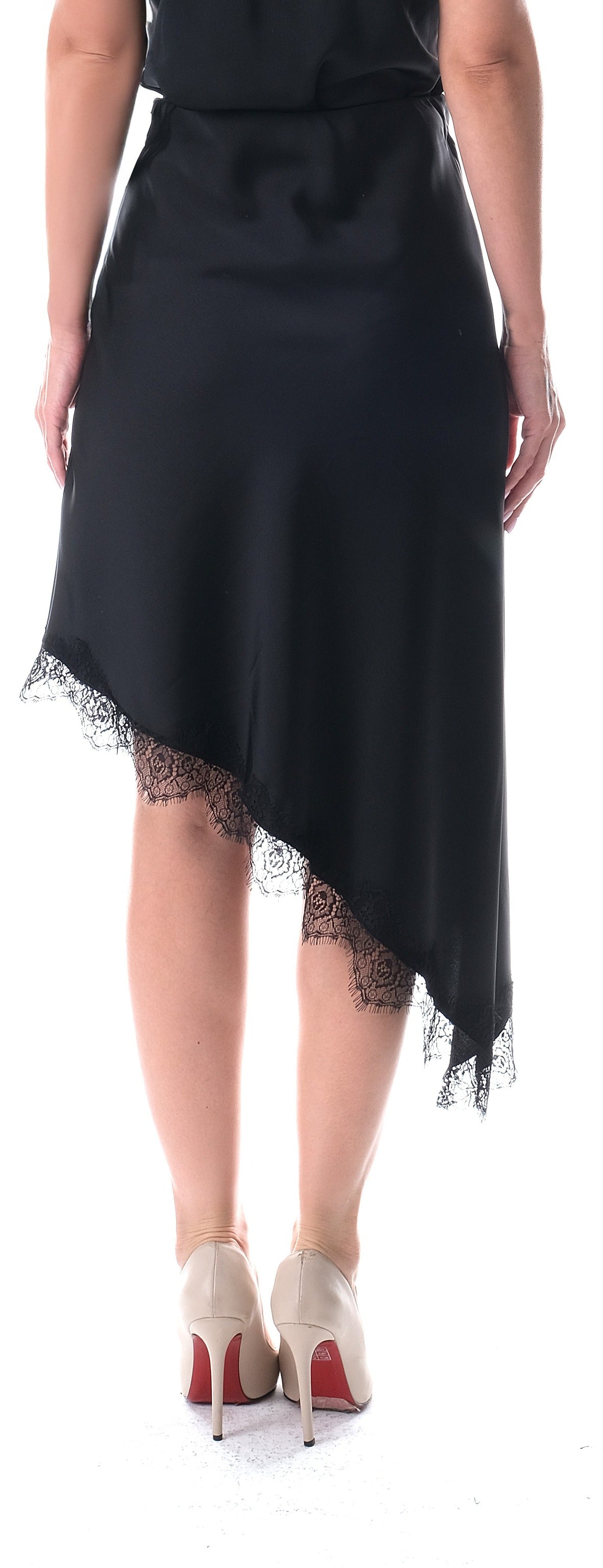 Black satin midi skirt detail of eyelash lace trim at diagonal hem by Lord & Taylor Heritage