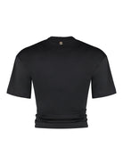 Black Paco Rabanne crop top with ruched detailing, side view