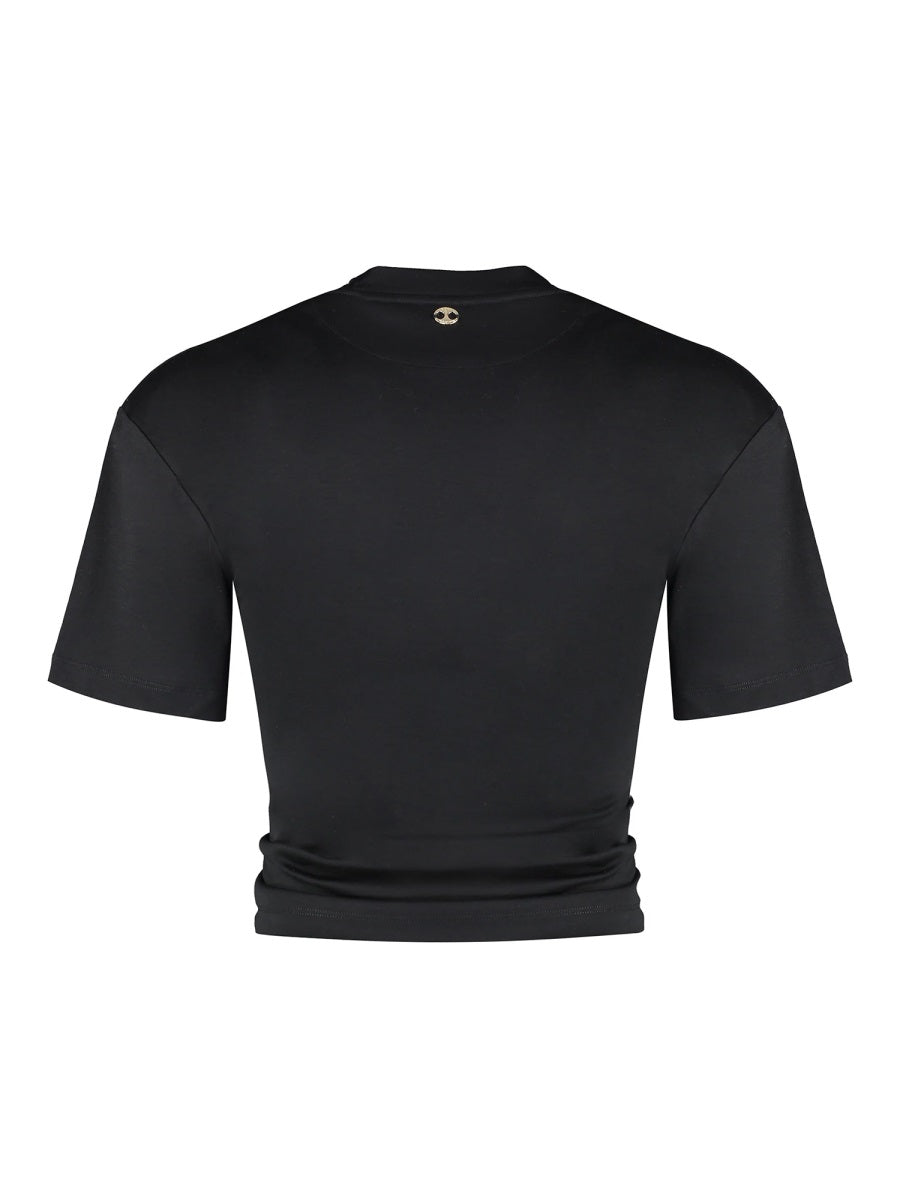 Black Paco Rabanne crop top with ruched detailing, side view