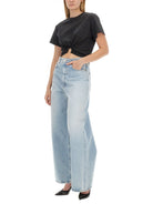 Paco Rabanne black crop top with gold-tone logo plaque, back view