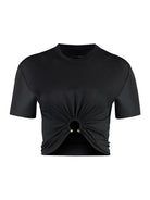 Black cotton crop top with ring hardware by Paco Rabanne, front view