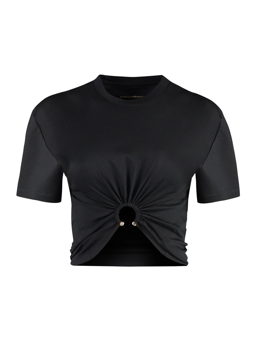 Black cotton crop top with ring hardware by Paco Rabanne, front view