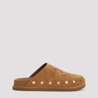 Brown suede Celine Triomphe wedge mules with logo patch, side view