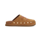 Brown suede Celine Triomphe wedge mules, front angle view