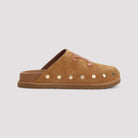 Brown suede Celine Triomphe wedge mules showing round toe, top view