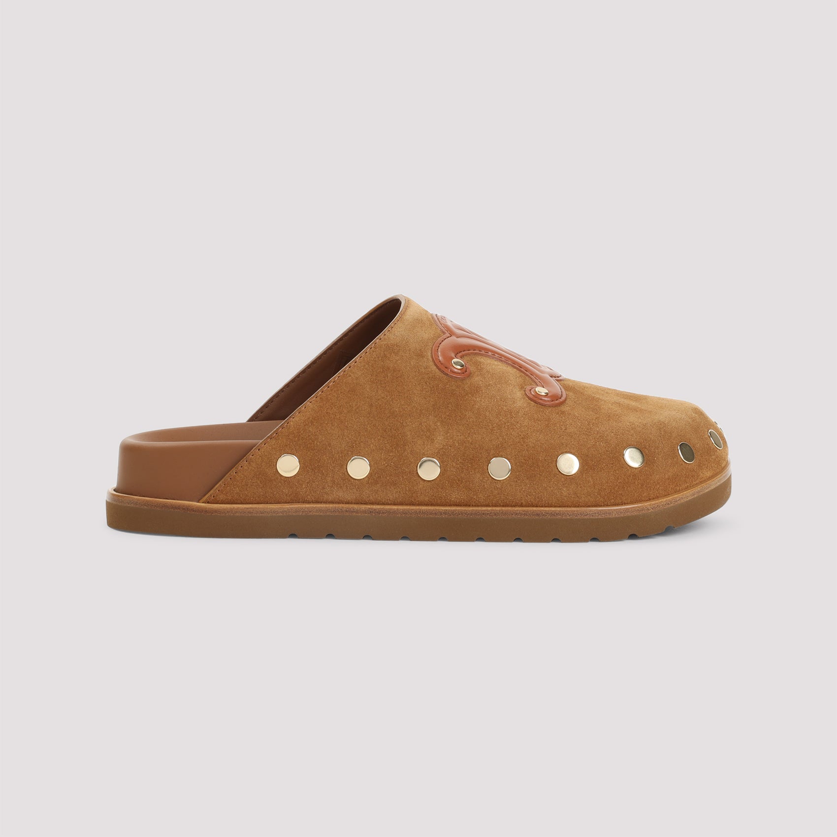 Brown suede Celine Triomphe wedge mules showing round toe, top view
