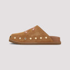 Brown suede Celine Triomphe wedge mules, back view with rubber outsole