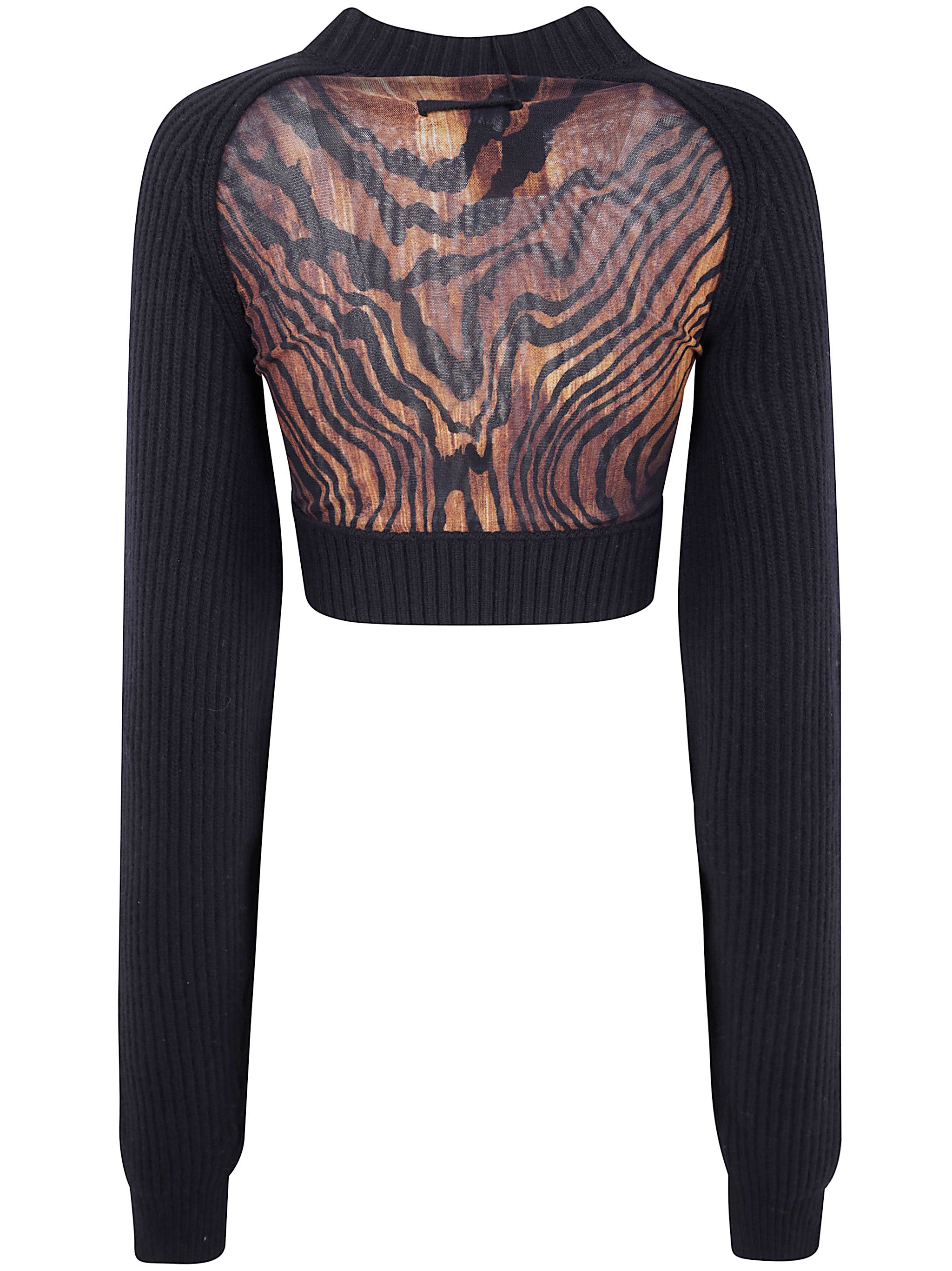 LAMBSWOOL RIBBED LONG SLEEVES CROPPED SWEATER WITH PRINTED MESH CUT OUT DETAILS JEAN PAUL GAULTIER