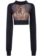 LAMBSWOOL RIBBED LONG SLEEVES CROPPED SWEATER WITH PRINTED MESH CUT OUT DETAILS JEAN PAUL GAULTIER BLACK XS