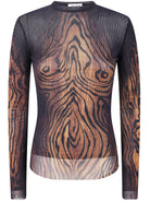 MESH LONG SLEEVES TOP PRINTED "WOOD" JEAN PAUL GAULTIER BLACK XS